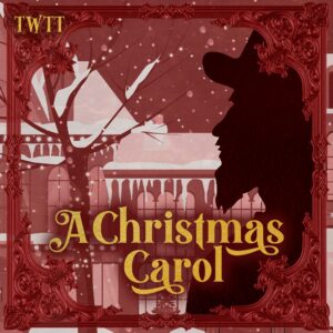 A Christmas Carol in curly classic gold lettering on top of a deep red background and a square ornate border. On the right hand side a silhouette of a man wearing a brimmed hat with a beard looks toward a Victorian house and a winter tree with snow falling and landing on the tree and building.