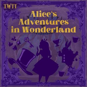 Alice's Adventures in Wonderland audiobook cover. A silhouette scene is on a purple square with an ornate border. A silhouette of a little girl looking to the left to a top hat, key, symbols of the card suits (clubs, diamonds, hearts and spades). On the right the white rabbit blows a trumpet, surrounded by tea cups. Above it all, the Cheshire Cat smiles underneath gold lettering saying "Alice's Adventures in Wonderland".